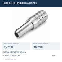 MC Motoparts 304 stainless steel hose barb reducer adapter, 10mm to 19mm straight 50mm joiner coupler specifications