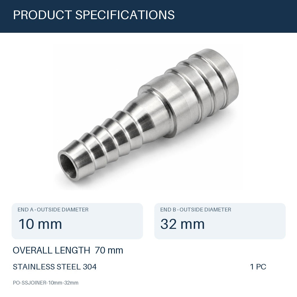 MC Motoparts 304 stainless steel 10mm to 32mm hose barb reducer joiner coupler, 50mm straight fitting