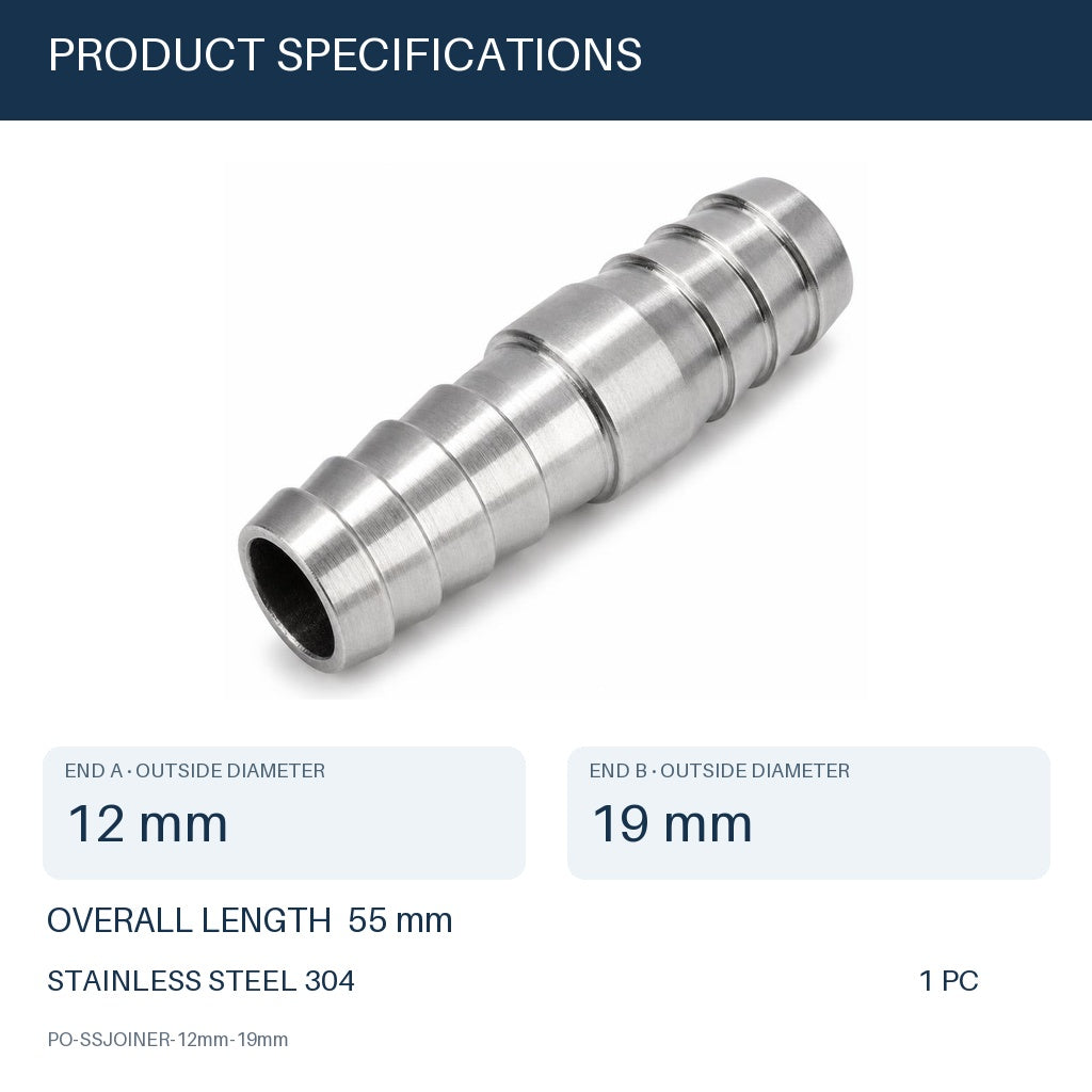 MC Motoparts 304 stainless steel hose barb reducer adapter, 12mm to 19mm, 50mm straight joiner coupler
