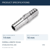MC Motoparts 304 stainless steel 14mm to 16mm hose barb reducer joiner coupler, 50mm straight fitting