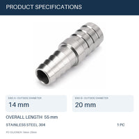 MC Motoparts 304 stainless steel hose barb reducer adapter, 14mm to 20mm, 50mm straight coupler with specs