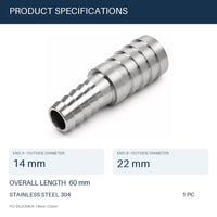 MC Motoparts 14mm to 22mm 304 stainless steel hose barb reducer joiner coupler, 50mm straight fitting specs