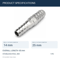 MC Motoparts 304 stainless steel hose barb reducer joiner, 14mm to 25mm, 50mm straight fitting