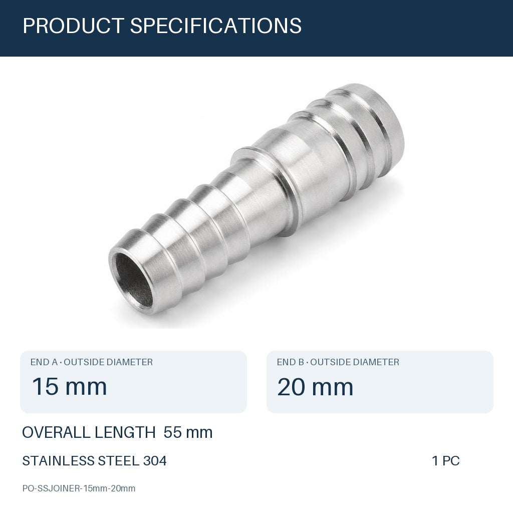 MC Motoparts 15mm to 20mm 304 stainless steel hose barb reducer joiner coupler, 50mm straight fitting