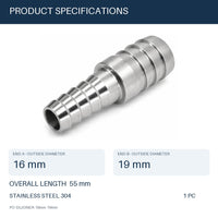 MC Motoparts 304 stainless steel 16mm to 19mm hose barb reducer joiner coupler, 50mm straight fitting specs