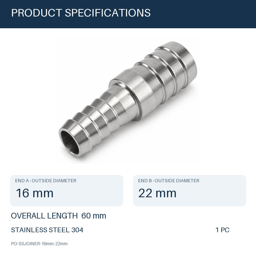 MC Motoparts 304 stainless steel 16mm to 22mm hose barb reducer joiner coupler, 50mm straight fitting specs