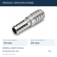 MC Motoparts 304 stainless steel hose barb reducer adapter, 16mm to 25mm straight 50mm joiner coupler
