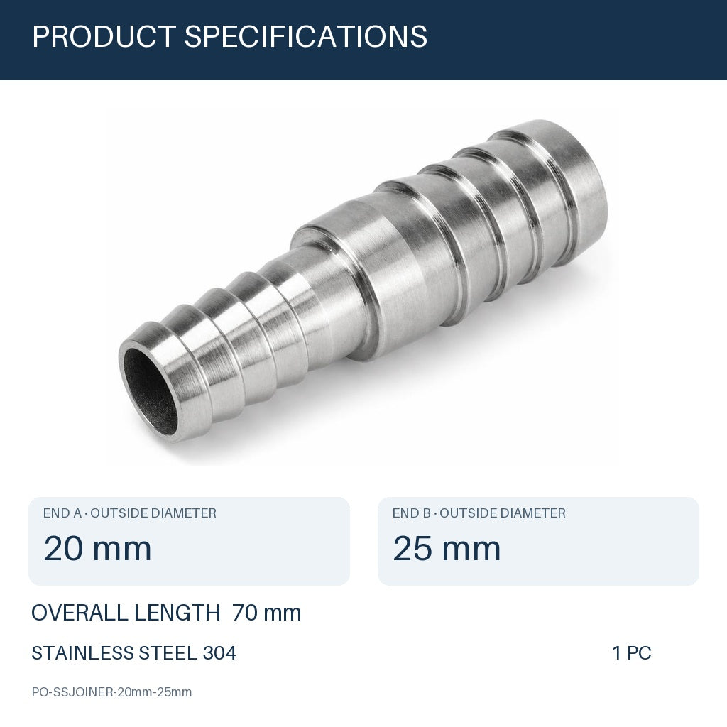 MC Motoparts 20mm to 25mm 304 stainless steel hose barb reducer joiner coupler, 50mm straight fitting specs