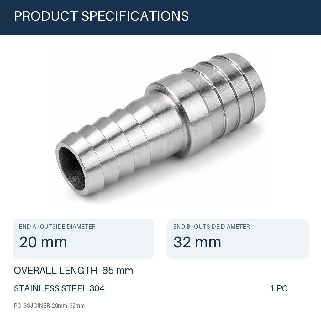 MC Motoparts 20mm to 32mm 304 stainless steel hose barb reducer joiner coupler, 50mm straight fitting
