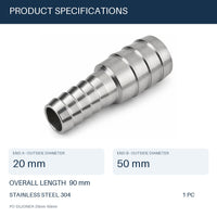 MC Motoparts 304 stainless steel 20mm to 50mm hose barb reducer joiner coupler, straight fitting with specs