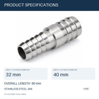 MC Motoparts 32mm to 40mm 304 stainless steel hose barb reducer joiner coupler, 50mm straight fitting specs