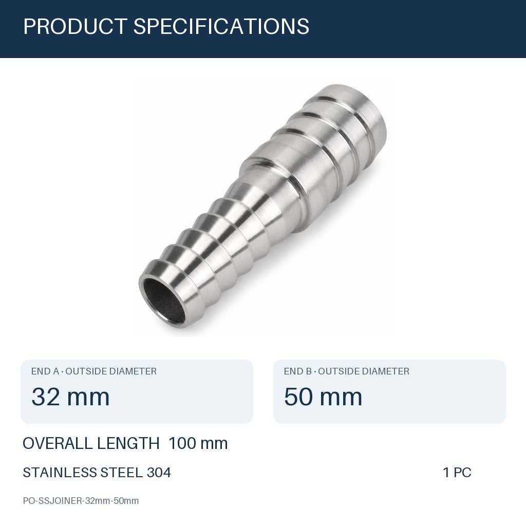 32mm to 50mm (1.26 in to 1.97 in) 304 Stainless Steel Hose Barb Reducer Joiner Coupler, 100mm Straight Fitting