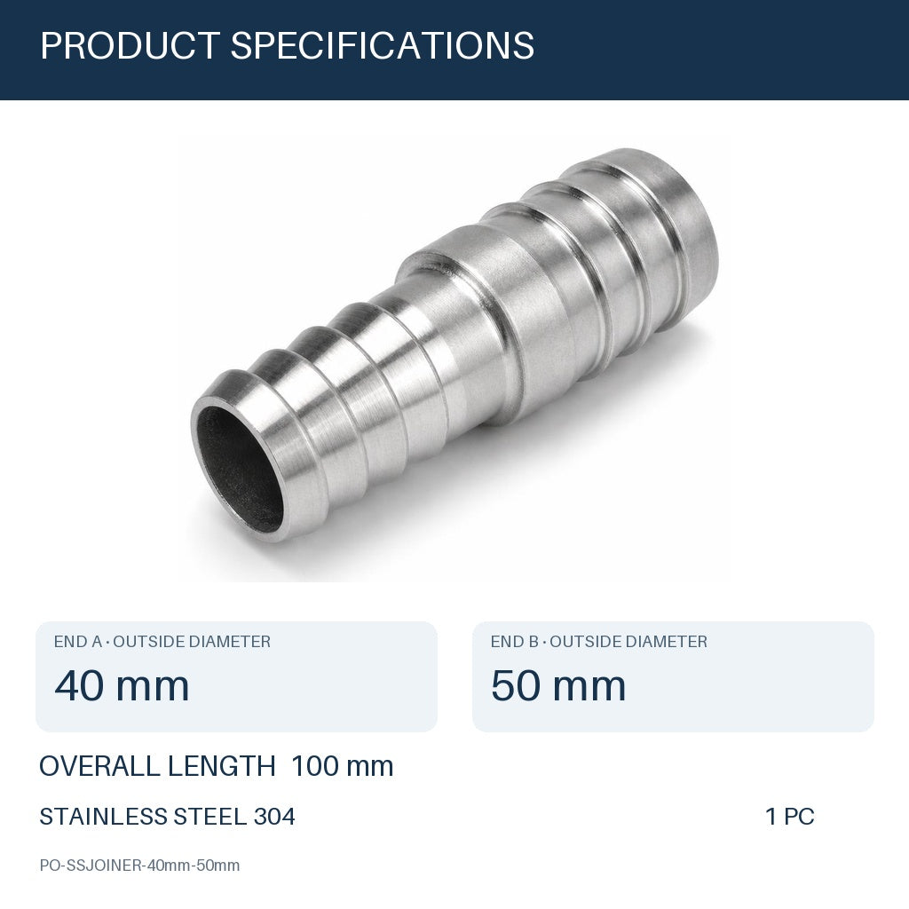 40mm to 50mm (1.57 in to 1.97 in) 304 Stainless Steel Hose Barb Reducer Joiner Coupler, 100mm Straight Fitting
