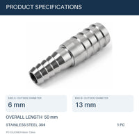 MC Motoparts 304 stainless steel 6mm to 13mm hose barb reducer joiner coupler, 50mm straight fitting
