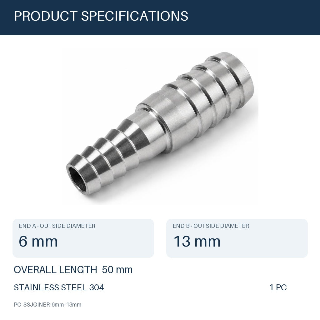 MC Motoparts 304 stainless steel 6mm to 13mm hose barb reducer joiner coupler, 50mm straight fitting