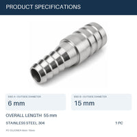 MC Motoparts 304 stainless steel 6mm to 15mm hose barb reducer joiner coupler, 50mm straight fitting