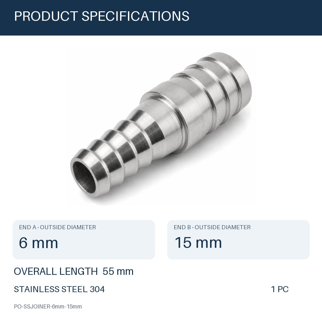 MC Motoparts 304 stainless steel 6mm to 15mm hose barb reducer joiner coupler, 50mm straight fitting