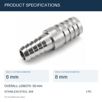 MC Motoparts 304 stainless steel 6mm to 8mm hose barb reducer joiner coupler, 50mm straight fitting specs