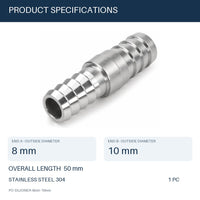 MC Motoparts 304 stainless steel 8mm to 10mm hose barb reducer joiner coupler, 50mm straight fitting specs