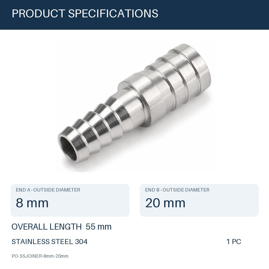 MC Motoparts 304 stainless steel 8mm to 20mm hose barb reducer joiner coupler, 50mm straight fitting