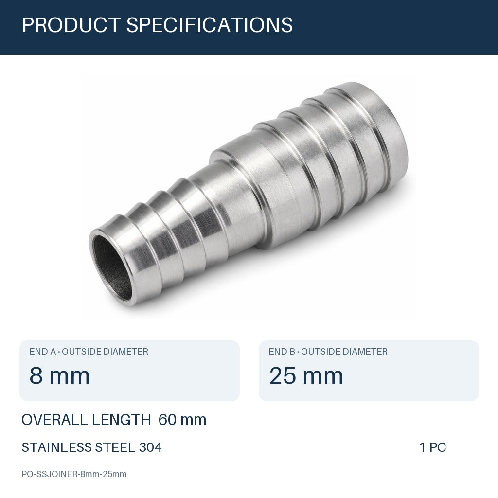 MC Motoparts 304 stainless steel 8mm to 25mm hose barb reducer joiner coupler, 50mm straight fitting