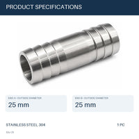 25mm 304 stainless steel straight hose barb joiner adapter by MC Motoparts, 60mm splicer fitting specifications