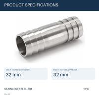 MC Motoparts 32mm 304 stainless steel straight hose barb joiner coupler adapter, 65mm splicer fitting specs