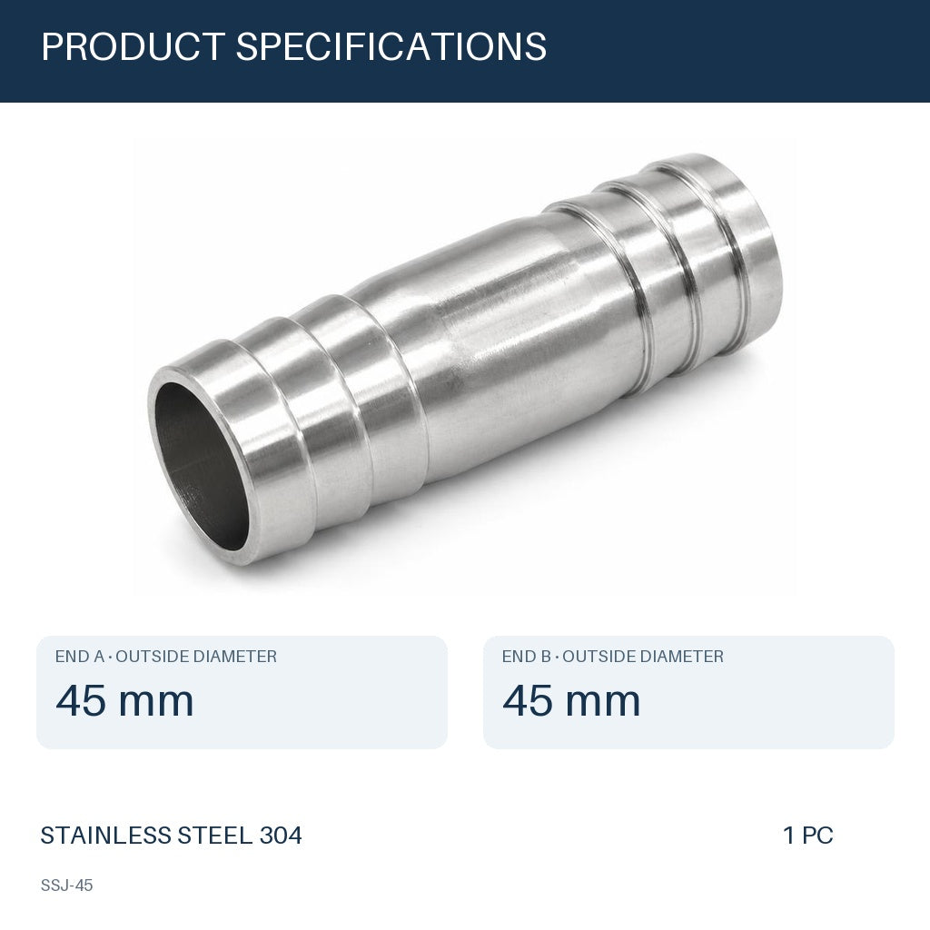 MC Motoparts 45mm 304 stainless steel straight hose barb joiner coupler adapter with 80mm splicer fitting specs