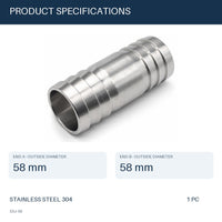 MC Motoparts 58mm 304 stainless steel straight hose barb joiner coupler adapter, 80mm splicer fitting specs