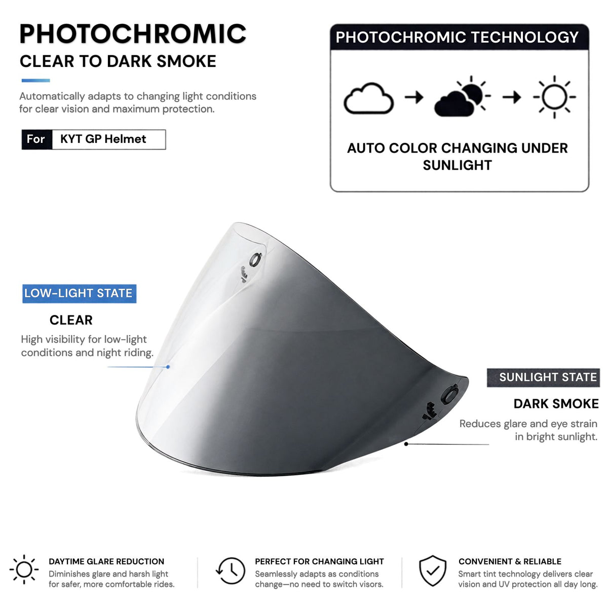 For KYT GP Helmet Replacement Visor UV Photochromic Series (Clear to Dark)
