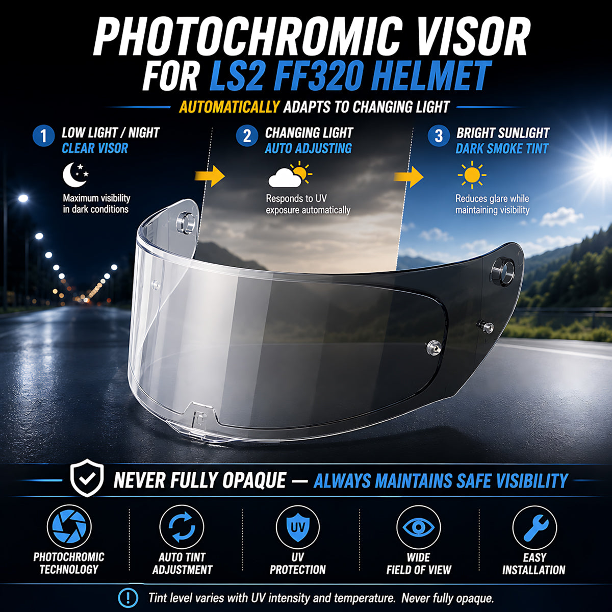 For LS2 Assault Stream Rapid Storm Replacement Visor (FF320,FF328,FF353,FF800) - Photochromic Visor – Clear to Dark Transition