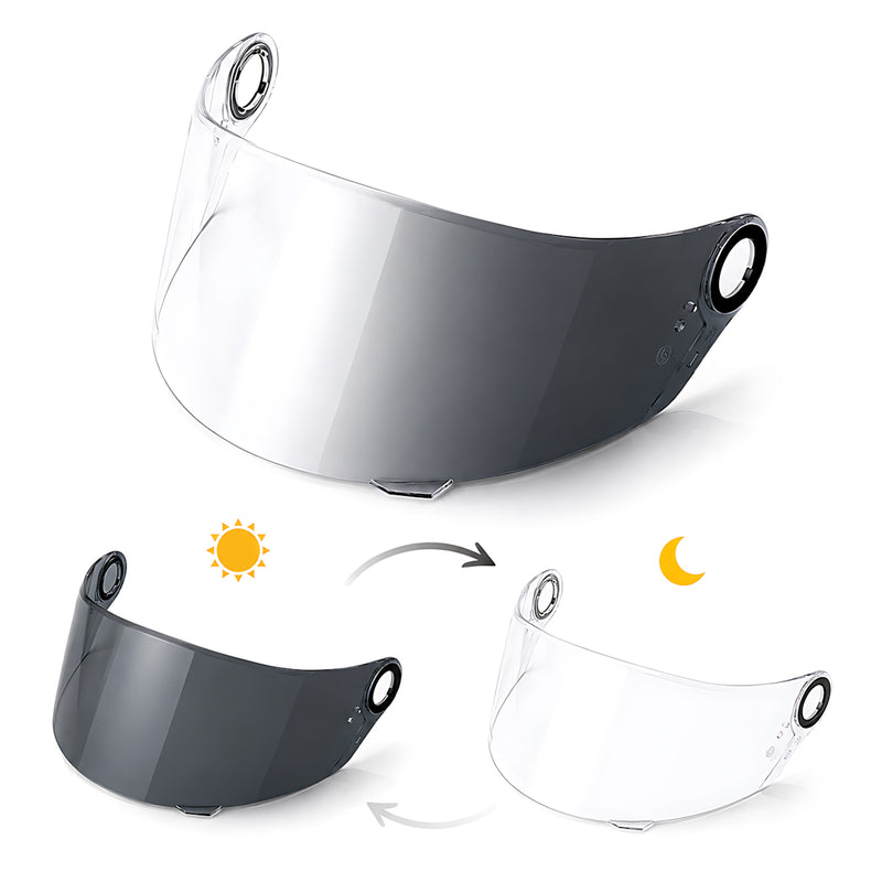 Photochromic helmet visor for LS2 FF396, FF358, FF300 from MC Motoparts, clear to dark transition for versatile riding visibility.