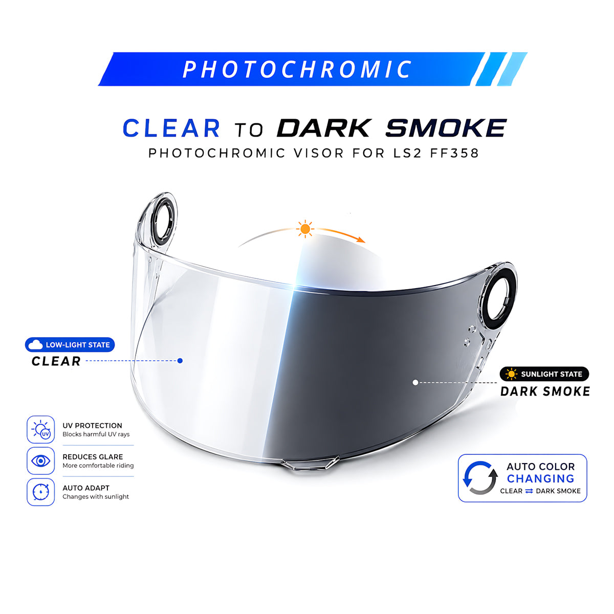 For LS2 FF396 FF358 FF300 Replacement Visor - Photochromic Visor – Clear to Dark Transition