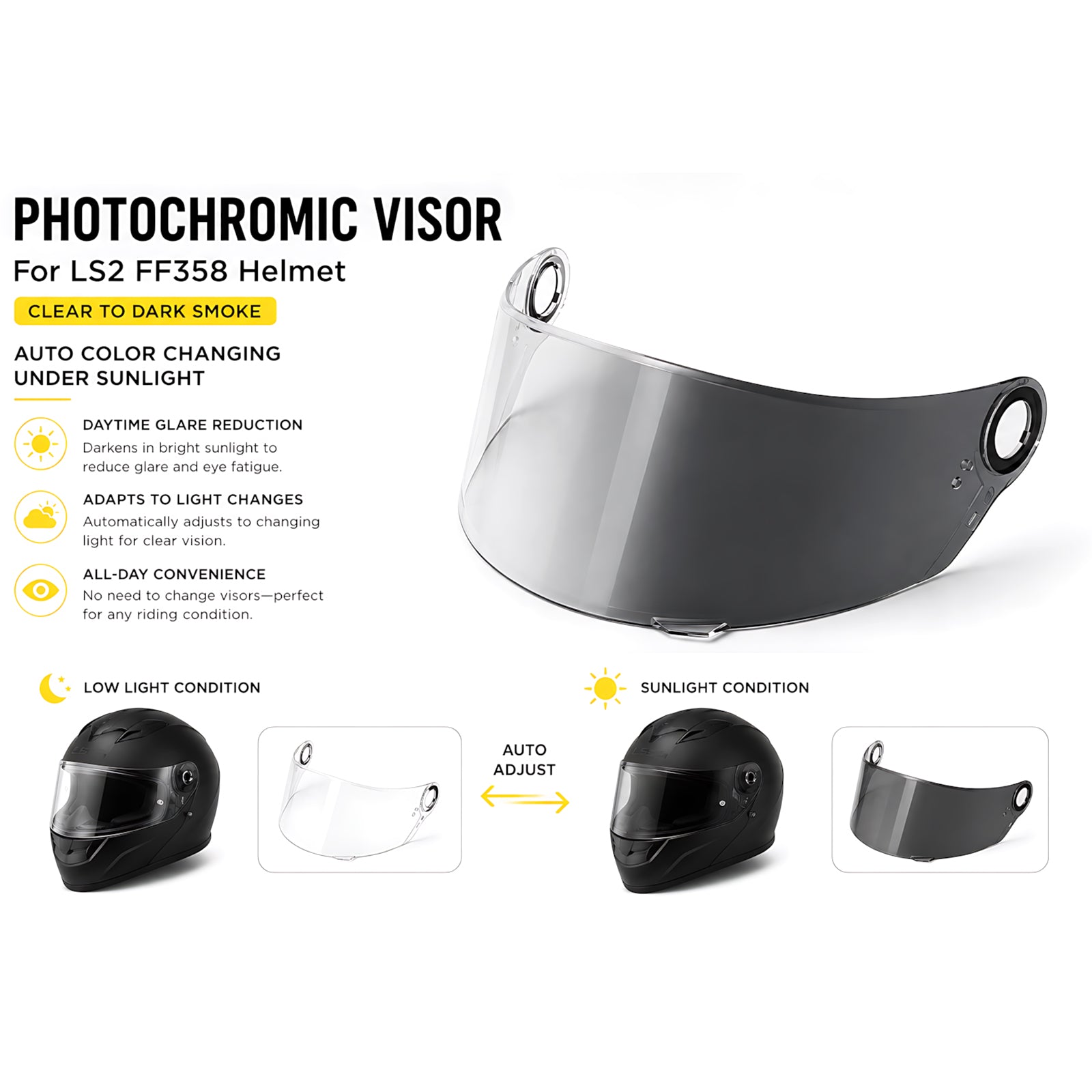 For LS2 FF396 FF358 FF300 Replacement Visor - Photochromic Visor – Clear to Dark Transition