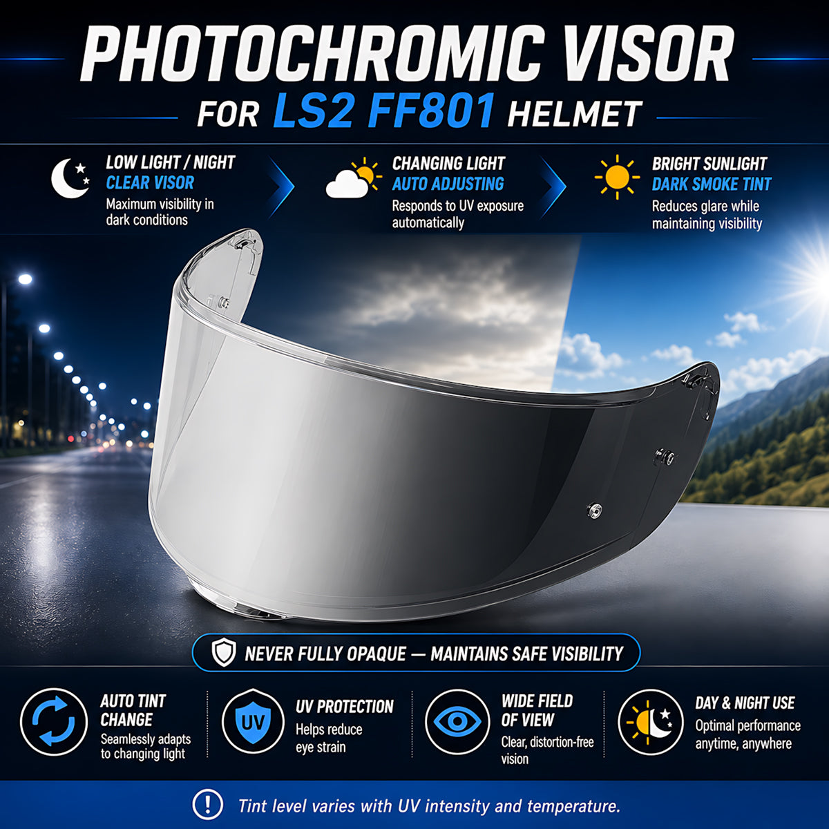For LS2 Citation Sedici Strada 2/3 FT2 Vector Replacement Visor (FF801,FF397,FF813) - Photochromic Visor – Clear to Dark Transition
