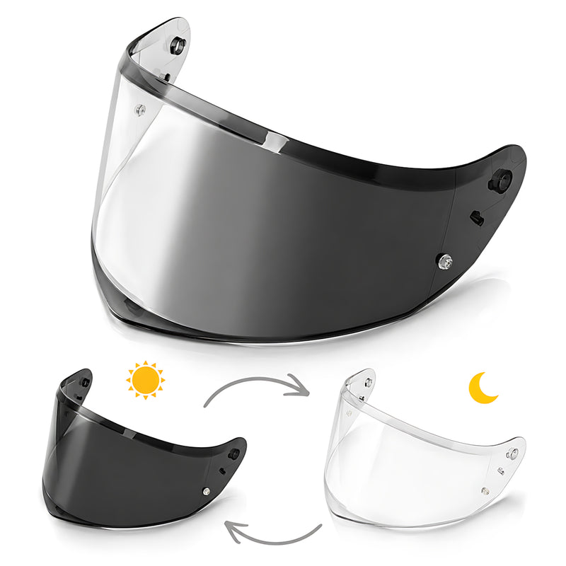 Photochromic LS2 Stream 2 helmet visor by MC Motoparts showing clear to dark transition in a close-up shot.