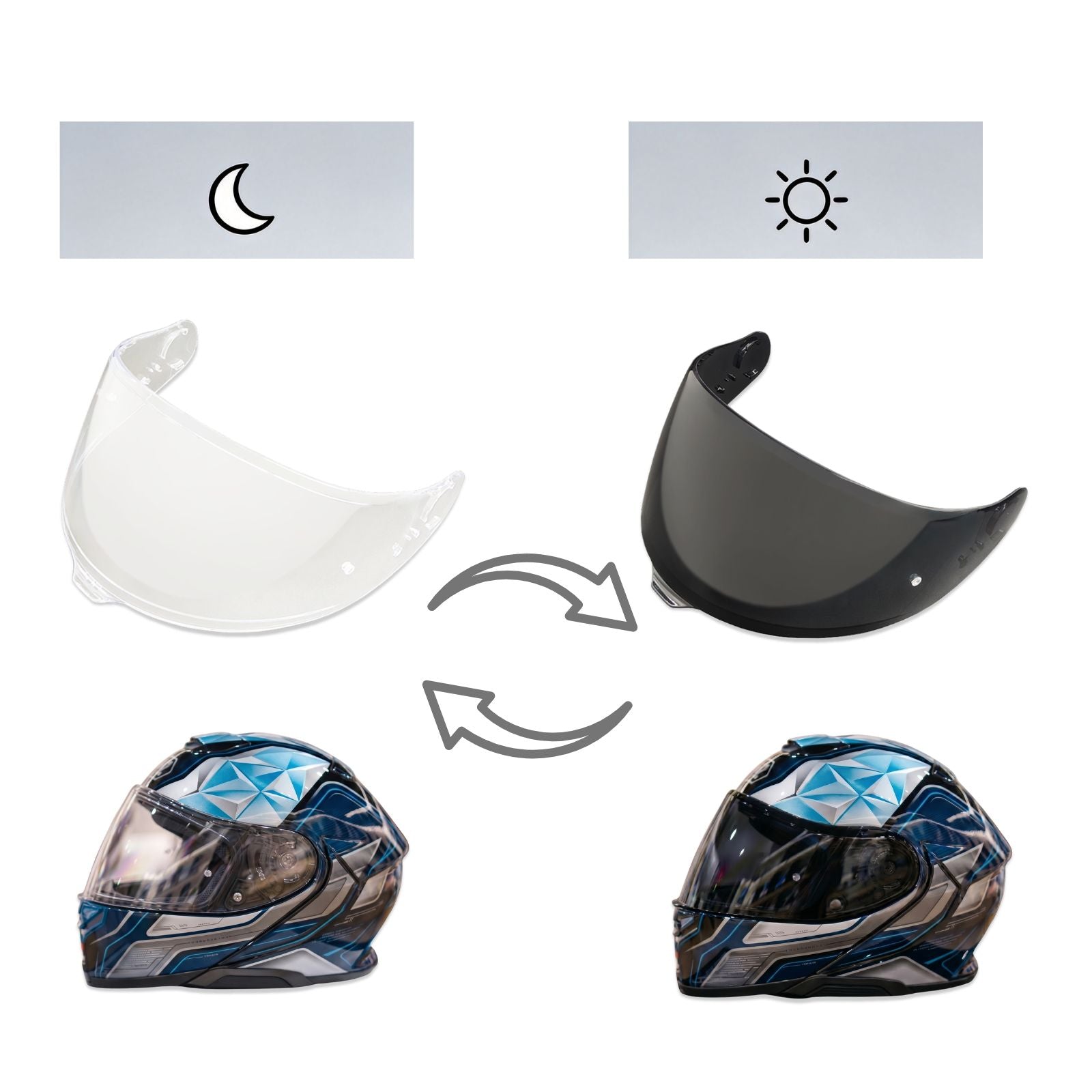 Photochromic tinted helmet visor for Shoei GT-Air 3 by MC Motoparts, showing the CNS-1C replacement visor with reflective finish.