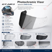 Shoei GT-Air 3 helmet visor by MC Motoparts, photochromic tinted replacement visor with CNS-1C finish, shown in close-up detail.