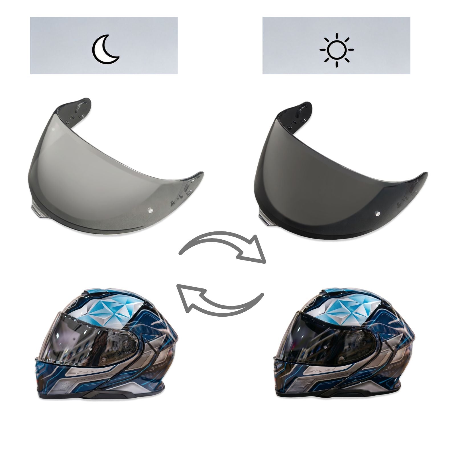 Photochromic tinted helmet visor for Shoei GT-Air 3 by MC Motoparts, provides sun protection and clear vision.