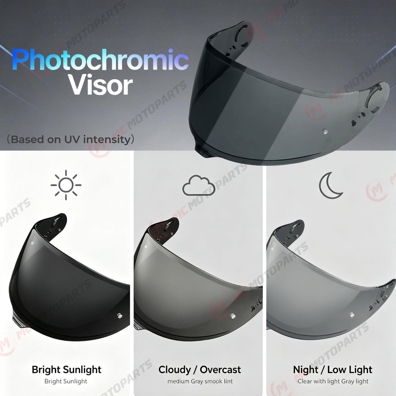 Shoei GT-Air 3 helmet visor by MC Motoparts, photochromic tinted replacement visor with CNS-1C finish, for enhanced riding visibility.
