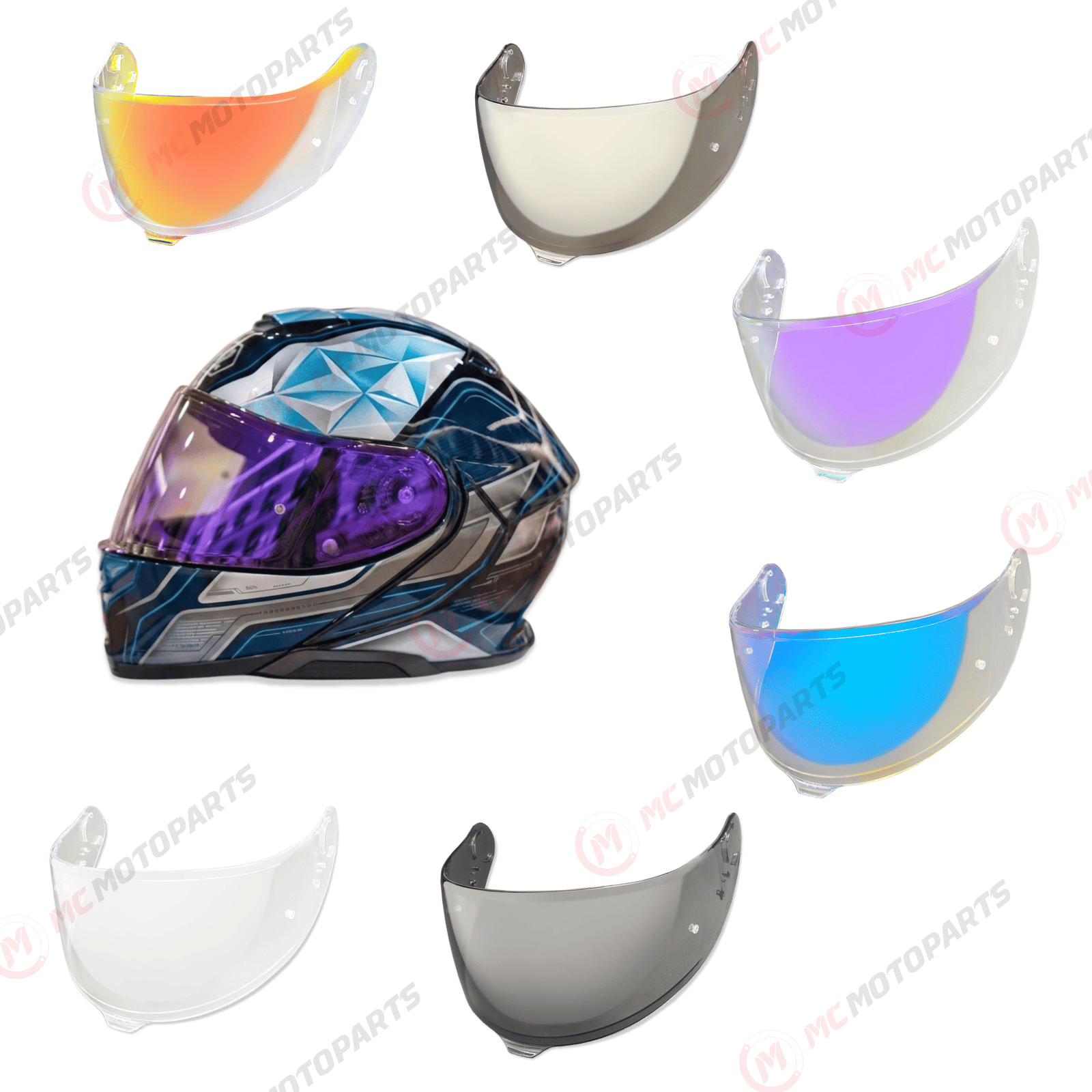 Shoei GT-Air 3 helmet visor by MC Motoparts, light tint and clear options, for day and night riding, helmet face shield.