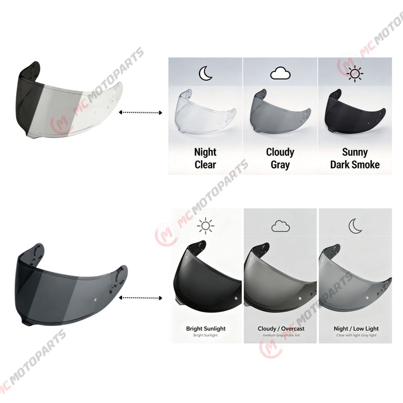 Photochromic helmet visor for Shoei GT-Air 3 by MC Motoparts, tinted finish, replacement visor with CNS-1C design.