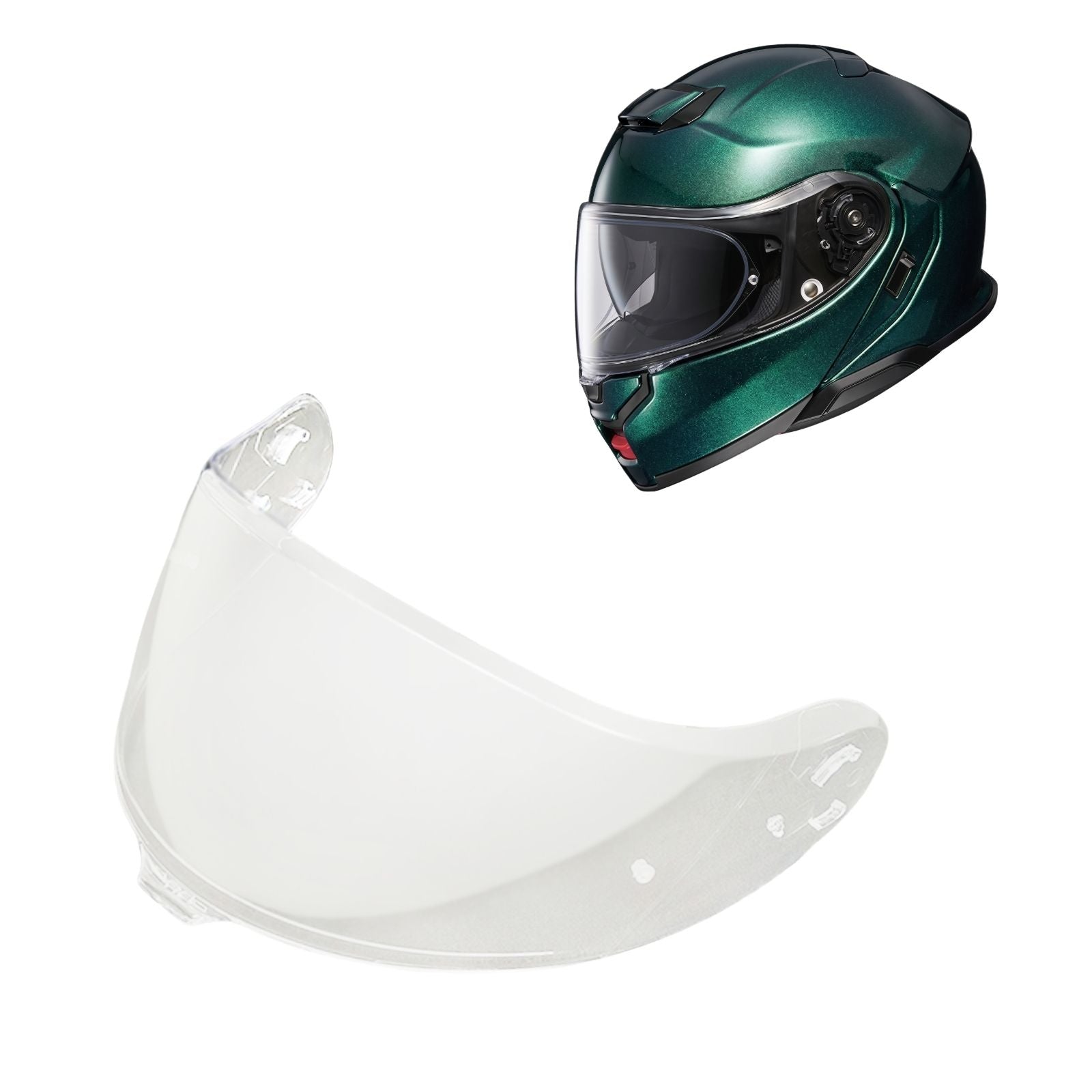 Shoei Neotec 3 helmet visor by MC Motoparts, clear and light tint options, suitable for day and night riding.