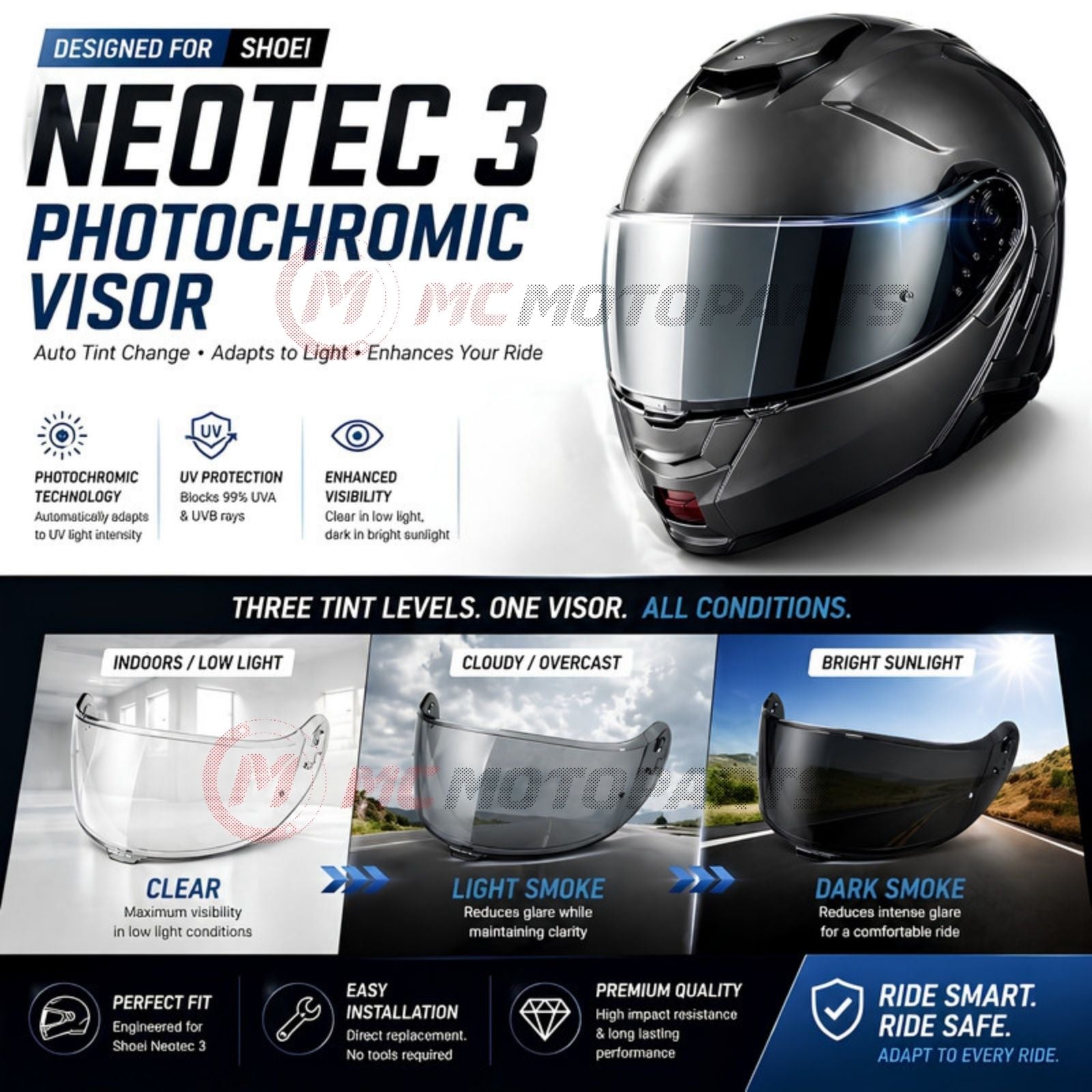 Photochromic Shoei Neotec 3 helmet visor by MC Motoparts, tinted finish, replacement CNS-3C model with reflective tint.