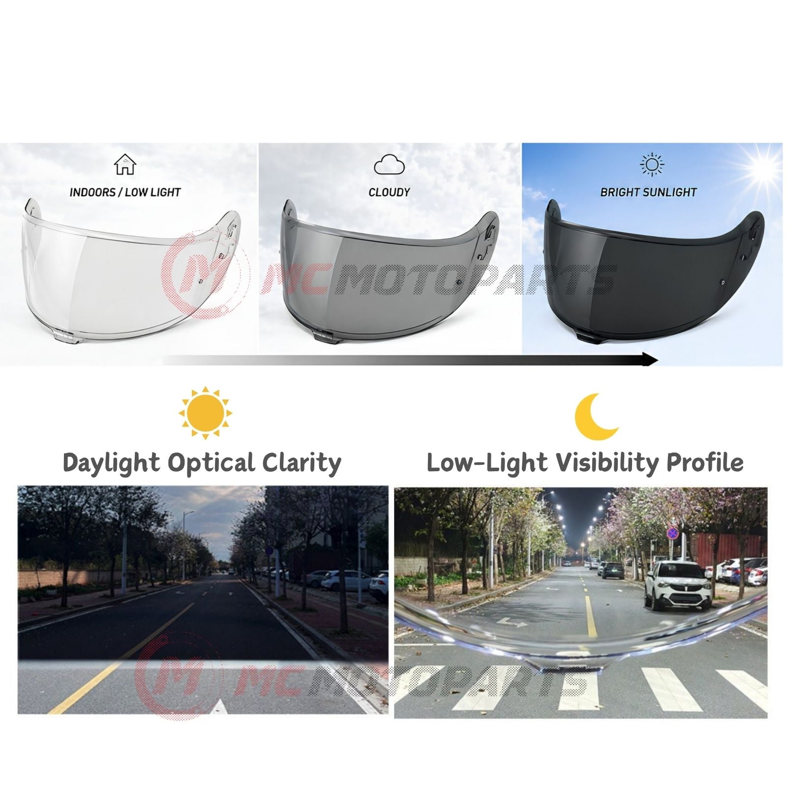 Shoei Neotec 3 helmet visor by MC Motoparts, photochromic tinted replacement visor with CNS-3C finish, detailed close-up image.