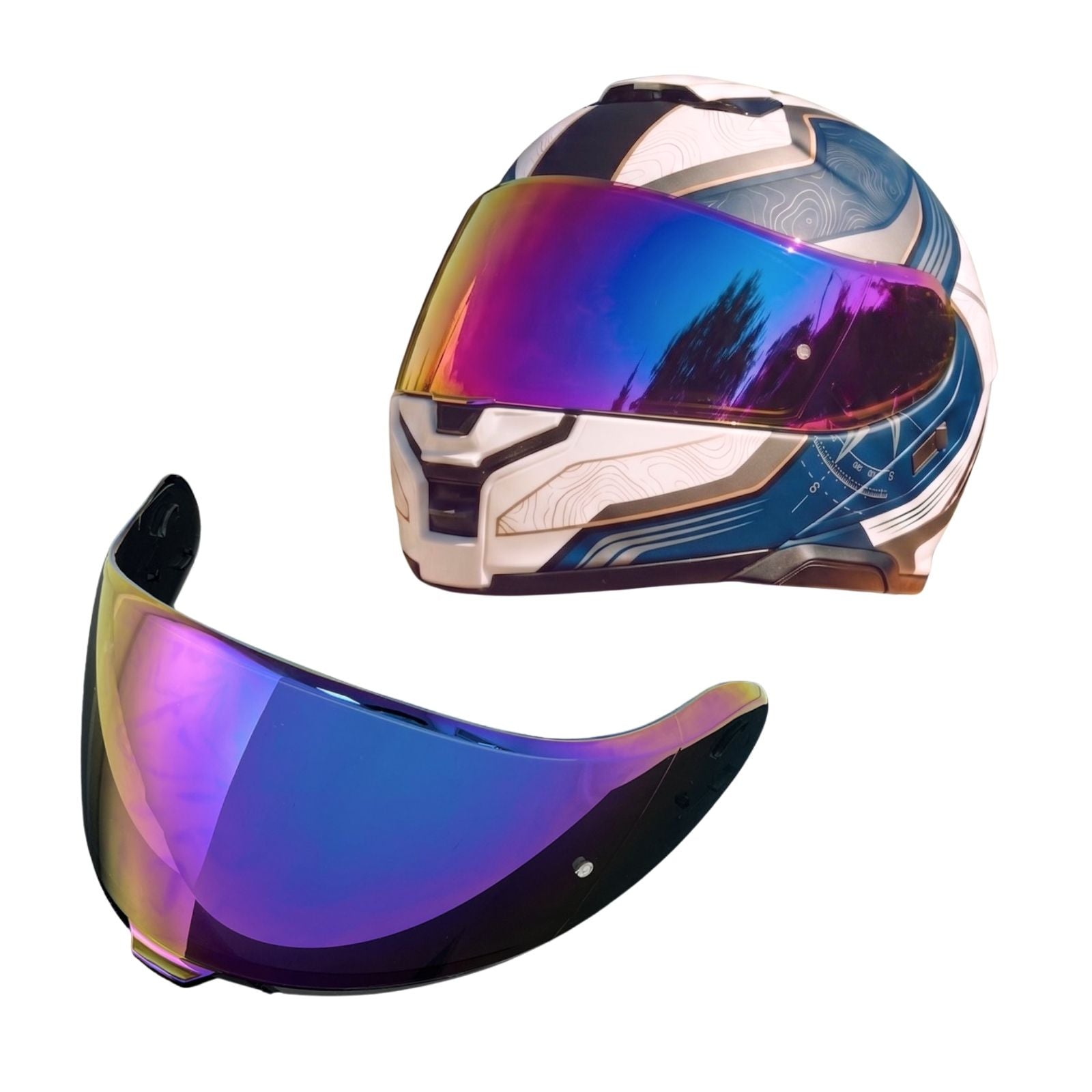 Tinted and Spectra Mirror finish helmet visor for Shoei Neotec 3 helmet by MC Motoparts, designed for daytime use.