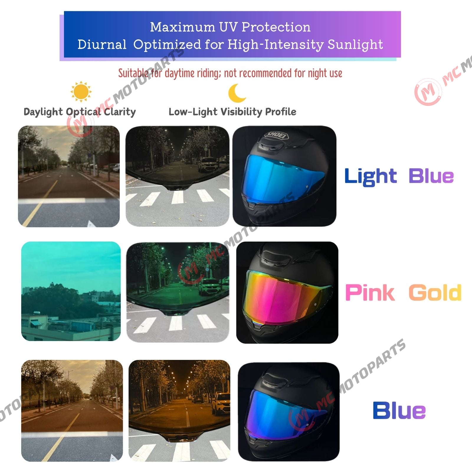 MC Motoparts helmet visor for Shoei X-15, X-Fifteen, X-SPR PRO, and RF-1400 helmets, clear daytime use visor with pinlock.