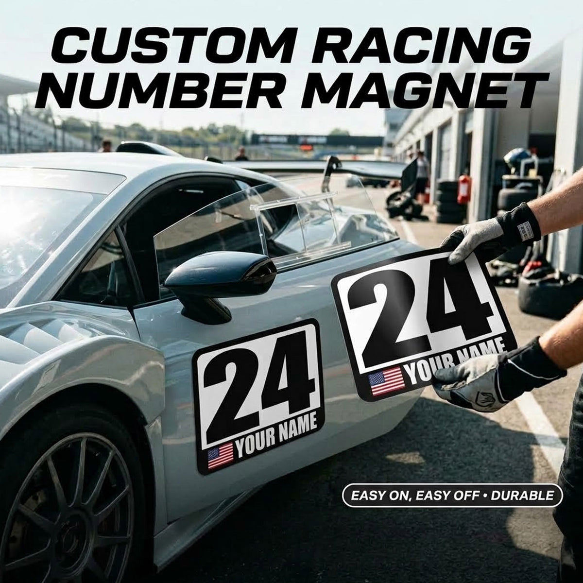Custom Racing Number Magnets (Set of 2) – Reusable Track Day Magnetic Door Plates with Name & Flag (RCNUM001)
