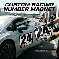 Classic Black & White Custom Racing Number Magnets - Track Day Door Plates with Name & Flag (Set of 2) (RCNUM001)