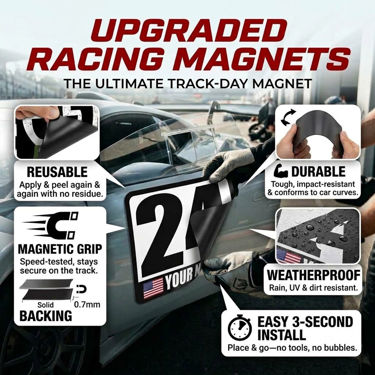 Custom Racing Number Magnets (Set of 2) – Reusable Track Day Magnetic Door Plates with Name & Flag (RCNUM001)